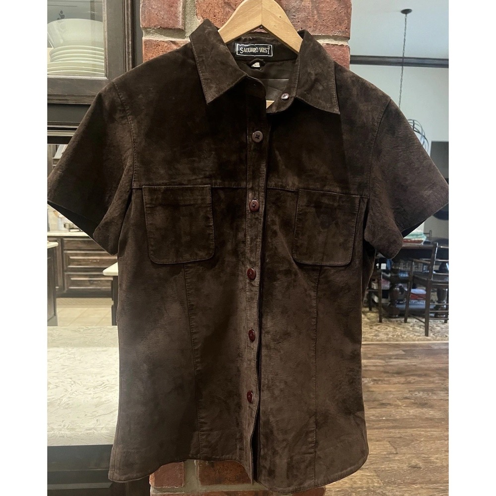 Saguaro West 100% Leather Button Down Western Short Sleeve Chocolate Brown Sz L